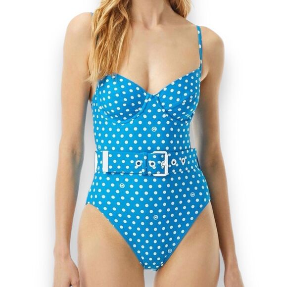 Michael Kors Swimsuit 6 Blue Polka Dot Belted Underwire One Piece Rockabilly Fun - Picture 1 of 12